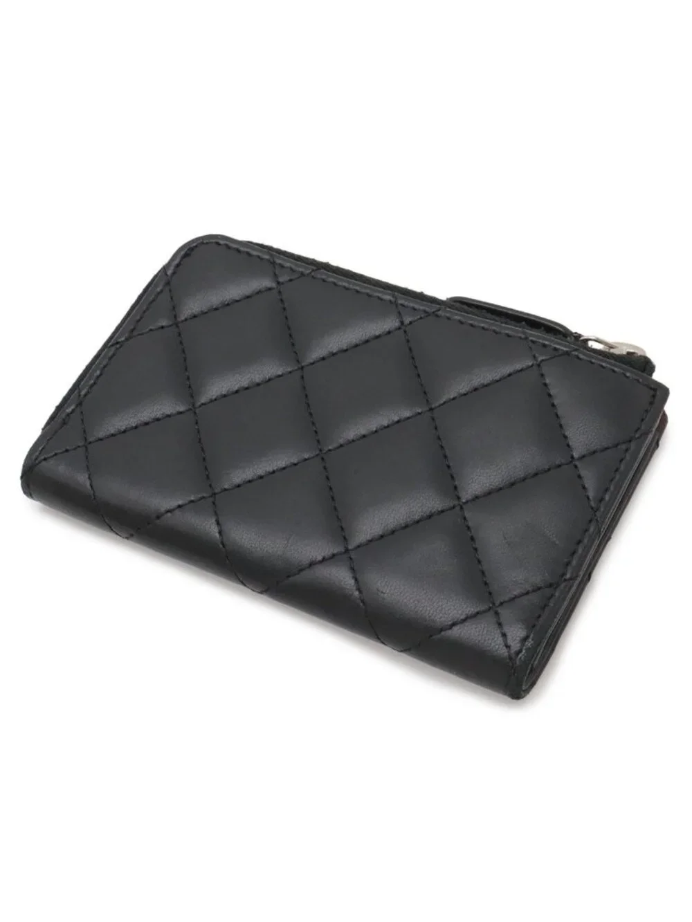 Chanel Quilted CC Logo Coin Purse L-Shaped Zipper Lamb Black Silver Key Ring